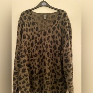 Olive green and black leopard print cashmere v neck sweater.